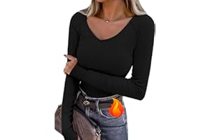 Wayleb Camiseta Térmica Mujer Manga Larga Cuello en V Ajustada Elástica con Agujeros para Los Pulgares Tops Deportivo de Invierno para Running y Gym