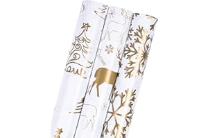 Holijolly Rouleau De Papier D'Emballage De Noël - 43 Cm X 3 M Par Rouleau - 3 Motifs Différents En Or Blanc