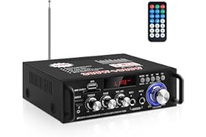 SIKKEBY HiFi Amplificador, Bluetooth 5.0 Recepto Amplificador, BT-298A RMS 40Wx2 PMPO 300W Estéreo Mini Amplificador de Potencia con Ranura USB SD, FM y Dos Entradas de Micrófono Apto para El Hogar y El Coche