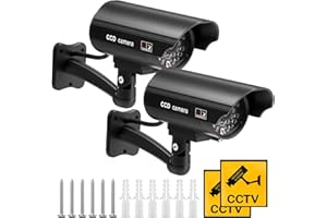 muhogxio 2 Piezas Camara Falsa,Camara Falsa Vigilancia Exterior con LED Rojo Parpadeante,Imitación Realista de CCTV,con 2Pcs Señales de Advertencia para Interior y Exterior