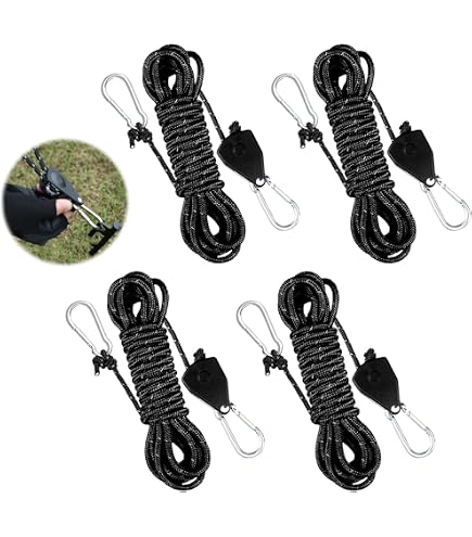 Lot De 4 Suspensions à Cliquet Réglables - Corde 2 M, Capacité 35 Kg Par Crochet, Pour Lampes, Plantes, Ventilateurs - 12