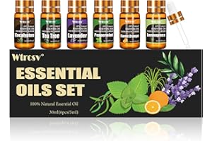 Wtrcsv Essential Oils Set- 6 Aromatherapy Oils -Perfect for Diffuser, Humidifier,Aromatherapy, Candle Making, Massage-Peppermint, Tea Tree, Lavender, Eucalyptus, Lemongrass, Sweet Orange（5ml）