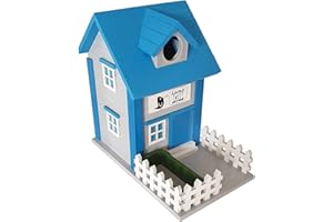 CKB LTD Blue Wooden Birdhouse and Deed Feeding Station Feeder Bird House Nesting Box Home Modern Design Weatherproof Garden Outdoors Tree Or Wall Mounting