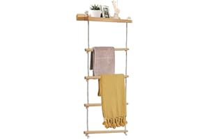 YTACREA Porte Serviette en Bois 5 Niveaux, 2-en-1 Porte Torchon Cuisine Murale, Échelle Porte Couvertures, Echelle Decorative Bois pour Serviette de Bain, Vêtements ou Journaux, Echelle Salle de Bain