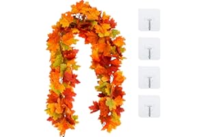 HYWEAN HOMD 2 Piezas Hoja de Arce Artificial Hojas Otoño Decoracion Halloween y 4 Piezas Conectar,Otoño Plantas Colgantes para Fiestas de Gracias,Navidad,Verde,marrón y Amarillo,175cm