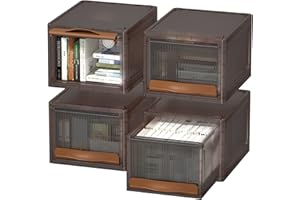 HAIXIN cajas almacenaje, 16.5L cajas organizadoras plastico, cajas almacenaje ropa, apilables con tapa/cajón, 4 piezas (marrón translúcido), para dormitorio sala de estar armario baño cocina