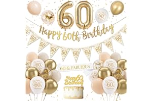 DJLLA 60th Birthday Women Decoration - White and Gold Balloons, Confetti, Number 60 Foil Balloons for Woman Celebration