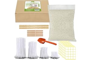 JBEIY Kit Cera Soia, 1 kg di Cera di Soia Naturale, 200 Stoppini in 4 cm 10.5cm 15 cm e 22 cm, 100 Adesivi, 4 Porta candele, 1 Cucchiaio per Candele Fai Da Te Adulti principianti