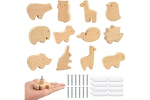 HGRGHH 12 Pezzi Pomelli per Mobili Bambini, Maniglie per Mobili, Maniglie Armadio con Viti, Pomelli in Legno con Motivi Animali per la Armadi, Cassetti, Soggiorno, Comodino, Stanza dei Bambini