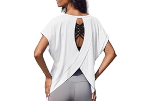 Weardear Damska koszulka sportowa z krótkim rękawem, funkcyjna, bez pleców, luźny krój, sportowa, oddychająca, na siłownię, jogę, trening, fitness, długi top na lato