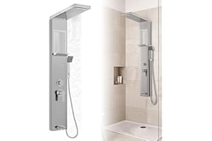 Froadp - Pannello doccia in acciaio inox, sistema doccia a parete con 5 funzioni: doccia a pioggia, con doccetta, doccia massaggiante, doccia a cascata, set doccia completo a colonna (argento)