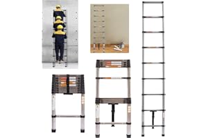 HSHA 2.6M/8.5FT Warehouse Telescopic Loft Ladder Steel Tall Multi Purpose Extension Ladder 300LBS Capacity, Folding Roof Adjustable Ladder for Household Decorating, Painting