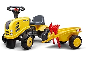 FALK - Portatore Komatsu con rimorchio - Da 12 mesi - Made in France - pala e rastrello inclusi - 2 stili di personalizzazione - Targa personalizzabile - 286C