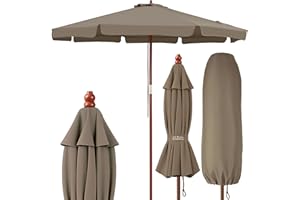 Kingsleeve® 3.3m Wooden Parasol with UV Protection 80+ and Protective Cover | Large 330cm Round Garden Patio Sun Umbrella | Water-Repellent Windproof | Cable Pull Stable | Taupe