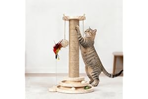 MORA PETS Cat Scratching Post for Indoor Cats with Solid Wooden Base Cat Scratche Post with Interactive Track Ball Toys Kitten Small Scratcher Post Funny Cat Scratch Pole 45cm