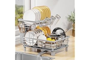 LIONONLY 2 Livelli Scolapiatti da Lavello con Drenaggio Automatico, Acciaio Inossidabile Sgocciolatoio con Ugello a Spirale e Portaposate e Portabicchieri,Scolapiatti da Appoggio