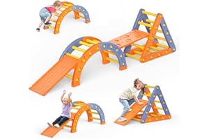 Krovtoy Toddler Climbing Toys Indoor, Plastic Montessori Climbing Set, Kids Climbing Toys with Ramp, Arch &2 Ladders, Baby Climbing Gym (Tripod + half circle + ladder + slide)