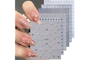 Lilbitty Lot de 6 autocollants pour nail art en forme d'étoile - Paillettes 3D - Or brillant, argent, blanc, noir, étoiles - Autocollants pour nail art