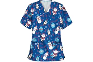 Celucke Womens Christmas Graphic Print Scrubs Tops, Nurse Uniforms, Workwear Uniform Tunics, Short Sleeve V-Neck Santa Claus Healthcare Beauty Tunic Tops, Adult Working Uniforms Multi-Pocket