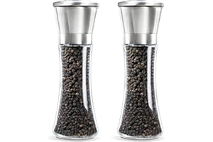 BAOWUABJ 2Pcs Salt and Pepper Grinder Set, Stainless Steel Salt & Pepper Mill with Glass Body and Adjustable Coarseness, for Spices,Sea Salts,Himalayan Or Fresh Ground Pepper (7.5in*2.5in)