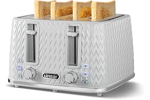 Linsar - 4 Slice Toaster - Unique Curved Texture - Defrost, Reheat, Cancel Functions - 7 Browning Levels, Wide Slots, Removable Crumb Tray - Automatic Switch Off - 1600 Watt (Grey)