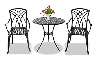 Centurion Supports OSHOWA Luxurious Garden & Patio Table & 2 Large Chairs with Armrests Cast Aluminium Bistro Set - Black
