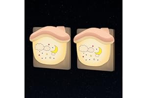 ANNMORE Lampka nocna dla dzieci z automatycznym czujnikiem światła, kształt domku, nadruk gwiazd, chmury i gwiazdy, 2 sztuki, różowa