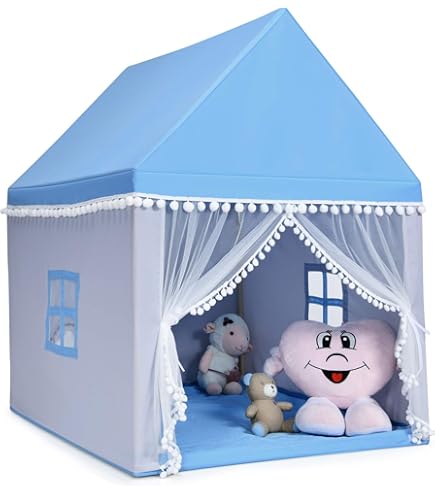 COSTWAY Kinderspeelhuis Met Sterrenlichten, Prinses Prinses Kindertent Met Raam Mat En Kleurrijke Vlaggen Speeltent Met Dubbel Gordijn Speelhuis Voor Kinderen Speelhuis Voor Jongens Sprookjes