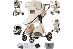 Sianldcone Poussette 3 en 1, Tissus Haut de Gamme Poussette Bebe, Poussoir Bidirectionnel Poussette Avec Cosy, Vision Buverte Poussettes Combinées (V9 Creamy White)