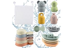 BIQIQI Jouet Bain Bébé, 16 Pièces Jouets de Bain Jouets à Presser Sensoriels avec Bateaux Empilables et Cuillère, Jeux de Bain Jouets de Douche de Bébé Amusants Jouets Flottants pour Bebe Enfant