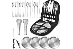 SRJEQC Set di Posate da Campeggio per 4 Persone, 21 Stoviglie da Campeggio Acciaio Inox con Cucchiaio,Forchetta,Ciotola,Borsa Portatile,per Picnic,Viaggi,Barbecue,Escursioni,Campeggio(Nero)