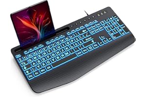 SABLUTE Tastatur Beleuchtete Kabel USB PC Ergonomische Tastaturen Hintergrundbeleuchtete Computertastatur mit großem Druck, 7-Farbiger Hintergrundbeleuchtung,Telefonhalter, gut lesbar