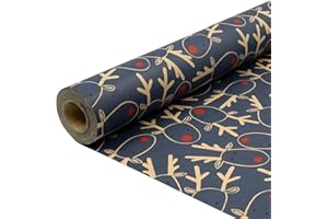 DOJOYKEY Rouleau de papier cadeau pour Noël : papier cadeau kraft bleu motif élan festif 15 m x 43 cm pour décoration de fête de Noël