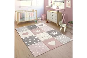 Paco Home Children's Rug Pastel Colours Checked Dots Hearts Crown White Grey Pink, Size:140x200 cm
