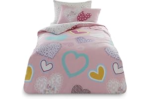VELVETIO Easy Care Single Kids Duvet Cover Set with Pillowcase, Boys & Girls Printed Hearts Bedding Bedset, Soft Polycotton Reversible Comforter Quilt, Pink