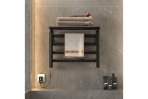 SKYLYZH Portasciugamani Elettrico, Scaldasalviette, Termoarredo Elettrico, 550x400mm, Temperatura Costante 55°, con Ripiano, Riscaldamento in Fibra di Carbonio, Antracite, Anti Ustione-Black Left