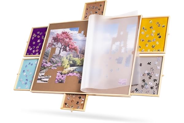 Tektalk Plateau de puzzle portable en bois avec 6 tiroirs coulissants colorés (1500 pièces)
