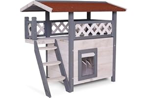 lionto Dibea Lodge Cat House (Wood, 77 x 50 x 73 cm) with Terrace and Stairs