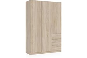 duehome | Armario Ropero de 3 Puertas y 3 Cajones, Armario Dormitorio, Acabado en Color Roble Canadian, Modelo Magan, Medidas: 135 cm (Ancho) x 200 cm (Alto) x 52 cm (Fondo)