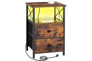 AMHANCIBLE Bedside Table, Side Table with Charging Station and Led Lights, Bedside Cabinet with 2 Fabric Storage Drawers, End Table, Sofa Side Table, Nightstand for Living Room, Brown HET052LBR-1