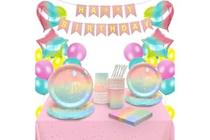 Hukermoon Geburtstag Partygeschirr Set, Partygeschirr Kindergeburtstag Pappteller Regenbogen Geburtstag Set mit Luftballons Tischdecke Pappteller Pappbecher Servietten, Geburtstagsdeko Mädchen Party