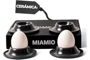 MIAMIO – Juego de 4 Hueveras de Cerámica, Soportes para Huevos de Gres con Bandeja para Cáscaras Calidad Restaurante – Aptas para Lavavajillas (Negro)