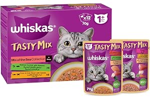 Whiskas Tasty Mix, Mix of the Sea Collection in Gravy, Pack of 12x70g, Wet Cat Food, Seafood Cocktail and Tuna and Crab