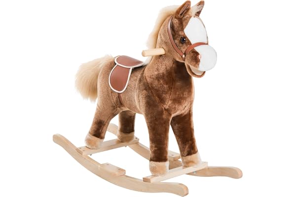 HOMCOM Cheval à Bascule Cheval de Cowboy Selle Grand Confort pour Enfants de 36+Mois Peluche Courte Douce Bois peuplier Charge 40 Kg Brun Blanc