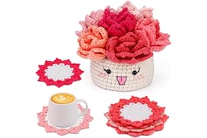 ENCHOL Crochet Kit for Beginners - 6Pcs Handmade Coasters in a Plant Pot Crochet Start Kit, Complete Beginner Crochet Kit with Yarn, Accessories, Step-by-Step Video Tutorials for Adult Beginners