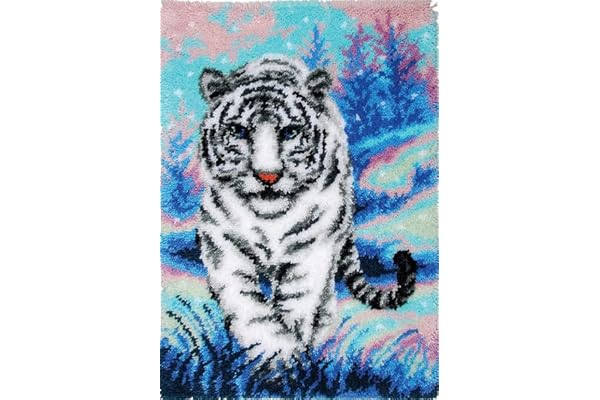 YOOTOM Kit de Tapis de Crochet à Point Noué di Tigre Coussin au Crochets à Loquet Bricolage, Création de Tapis à Crocher pour Adultes et Enfants, Modèle de couleur pré-imprimé, 50x38cm