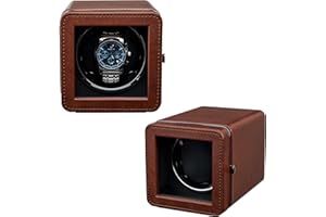 Mcbazel Remontoir 1 Montre Automatique - Moteur Ultra Silencieux avec Lumière LED, 4 Modes de Rotation, Boîte en Cuir PU, Affichage à 90° pour Montres Automatiques/Alimenté par USB – Marron