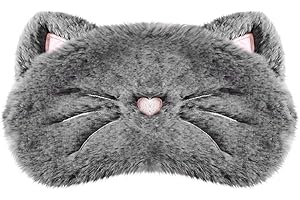 H Homewins Sleeping Mask – 3D Cute Breathable Eye Mask Made from 100% Natural Silk and Plush – Adjustable Elasticated Strap, Sleep Goggles – Night Mask for Sleeping, Travelling or Parties Grey cat