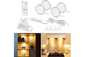 WOBANE Dimmable Under Cabinet Kitchen Lights,LED Counter Lighting with Remote Control,Stick on Light for Under Cupboards,Warm White Puck Lights for Closet,Shelf,Bookcase,4pack