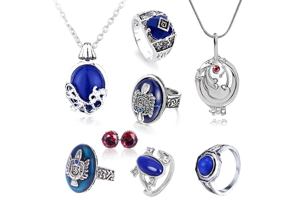 HJYZY 8 pièces Vampire Salvatore Damon Stefan bague de famille avec emblème pour les doigts, bague Daywalking Katherine Cosplay, accessoires pour le cosplay de Daywalking Katherine avec saphir